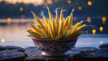 Bowl of Baby Corn Cobs by a Lake at Dusk Lighting photo