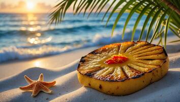 Grilled Pineapple Ring on Sandy Beach with Sunset and Starfish photo