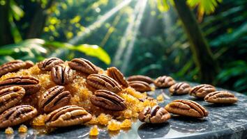 Pecan Nuts on Sugar Pile, Tropical Background with Sunlight photo