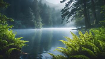Still Lake at Dawn Framed by Ferns and Mist Laden Trees photo