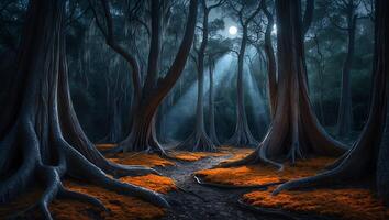 Exploring a Magical Forest at Night with Beams of Moonlight photo