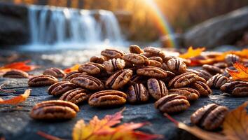 Pecan Nuts Pile Near Waterfall with Autumn Leaves and Sunlight photo