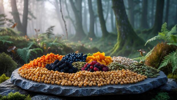 Assorted Dried Fruits and Seeds Displayed on Stone Slab in Forest photo