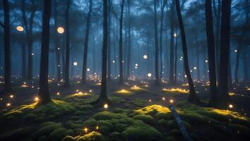 Enchanted Forest with Glowing Orbs and Mossy Ground at Twilight photo