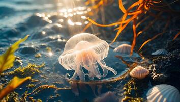 Jellyfish Floating Near Shoreline with Seashells in the Sunlight photo