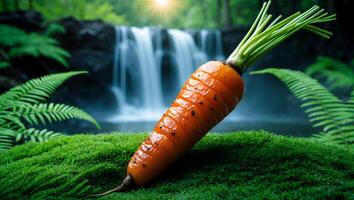 Placing Fresh Carrot on Moss with Waterfall in Background photo