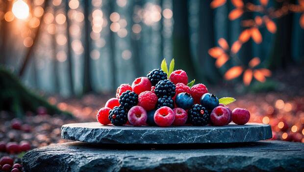 Mixed Berries Pile on Slate Slab in Forest Setting photo