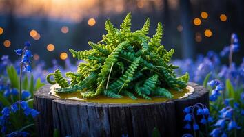 Fern Growing on Log Surrounded by Bluebell Flowers in Forest photo