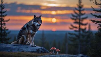 Wolf Sitting on Rock Watching Sunset in Forest Landscape Scene photo