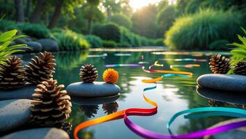 Pine Cones and Colorful Ribbon Floating on Peaceful Pond Water photo