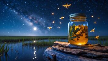 Jar Filled with Liquid and Plants Under Starry Night with Bees photo