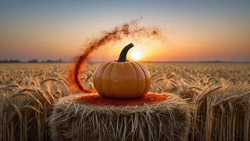 Pumpkin on Hay Bale at Sunset with Orange Dust Swirl photo