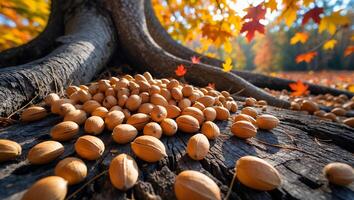 Collecting Pecans Under a Tree with Vibrant Autumn Leaves Falling photo