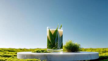 Refreshing Drink with Green Leaves on Mossy Outdoor Setting photo