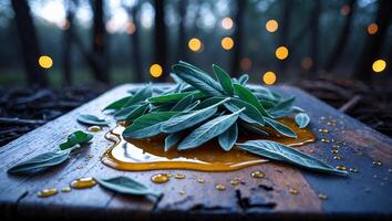 Sage and Honey Still Life on Rustic Wood in Forest Setting photo