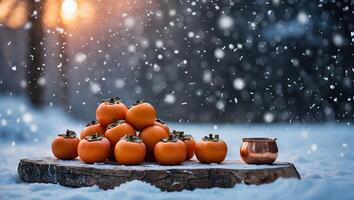 Arrangement of Fresh Persimmons on Wooden Slice with Winter Snowfall photo