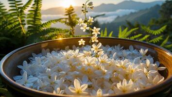 Bowl of White Flowers with Mountain View at Sunset for Freshness photo