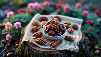 Serving Pecan Nuts in Bowl on Rustic Wood with Flowers Around photo
