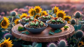 Serving Grain Bowls with Avocado in a Sunflower Field at Dusk photo