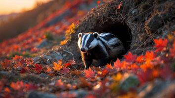 Badger at Burrow Entrance Amidst Colorful Autumn Leaves at Sunset photo