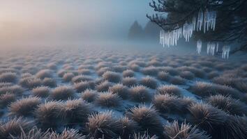 Icy Field and Tree Branch with Icicles in a Frosty Landscape photo