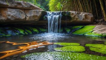 Waterfall Flowing Into a Pond with Lily Pads and Rock Formation photo