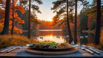 Asparagus and Crumble Meal at Scenic Lakeside During Sunset photo
