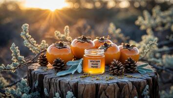 Honey Jar and Persimmons on Wood Stump with Natural Sunlight photo