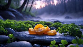 Orange Slices Resting on Rock Amidst Forest and Gentle Stream photo