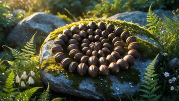 Arranging Nuts in Spiral Pattern on Mossy Rock in Nature photo