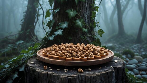 Presenting Walnut Topped Caramel Bites on Wood Slab in Forest photo