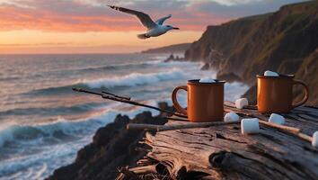 Enjoying Marshmallows and Hot Beverage at Seaside Cliff During Sunset photo