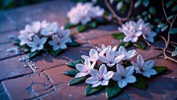 Arrangement of White Flowers on Brick Surface Creating a Wreath Shape photo