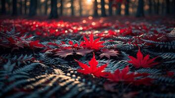 Red Maple Leaves Falling in Forest During Autumn with Warm Sunlight photo