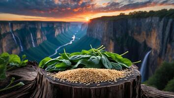 Serving Fresh Spinach and Grains on a Tree Stump Overlooking Canyon photo