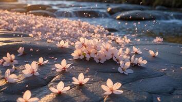 Pink Blossoms Falling Near the Flowing Water Creating a Tranquil Scene photo