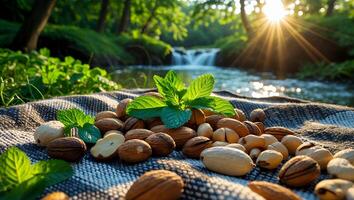 Nuts and Mint on Blanket with Serene Forest and Waterfall photo