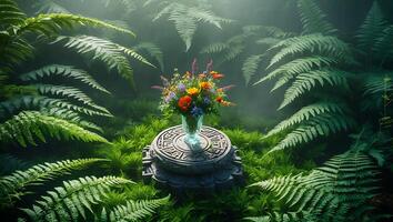 Flower Bouquet Centerpiece in Verdant Fern Garden with Mystic Light photo