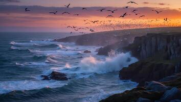 Ocean Waves Crashing on Cliffs with Birds Flying at Sunset photo
