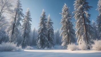 Walking Through Snow Covered Evergreen Forest Under a Clear Blue Sky photo