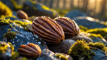 Gathering Nuts on Mossy Rocks in the Forest Sunlight photo