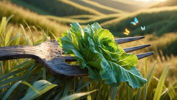 Cabbage Blossom Resting on Rustic Fork in Grassy Field photo