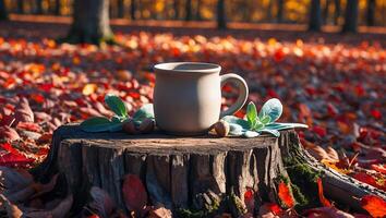 Ceramic Mug on a Wood Stump in Autumn Forest Setting photo