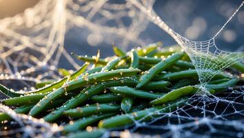 Fresh Green Beans with Dew Drops on Spider Web Surface photo