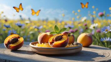Arrangement of Fresh Peaches with Mint on a Wood Slice photo