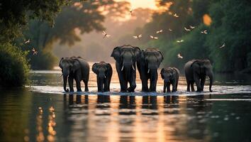 Elephant Family Crossing River at Sunset with Dragonflies Flying photo