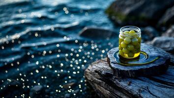 Preserved Fruit in Glass Jar on Weathered Wood by Sparkling Water photo