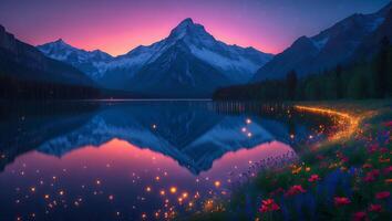 Reflecting Lake Surrounded by Mountains and Flowers at Dusk Scenery photo