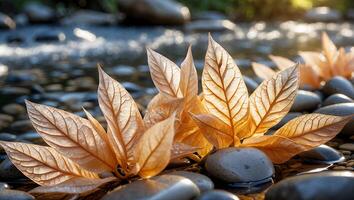 Leaves Resting on River Rocks with Translucent Light and Water photo