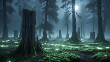 Mystical Forest Scene with Glowing Moss and Towering Tree Silhouettes photo